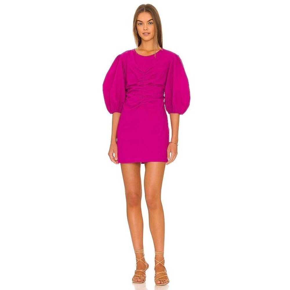 Free People Hope Mini Dress M Fuchsia Ruched Puff Sleeve NWT